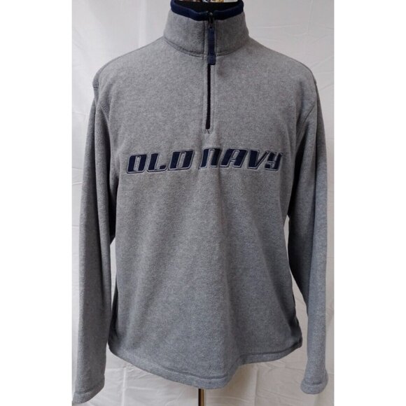 Vtg Old Navy Mens Large Grey 1/4 Zip Spellout Pullover Fleece Sweater Jacket - Picture 1 of 13